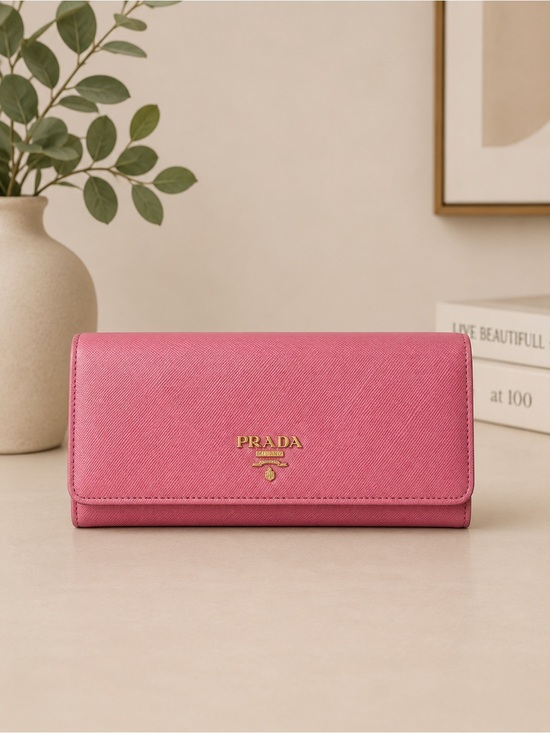 Prada Handbags - Prada Pink Saffiano Leather Trifold Wallet with Gold Logo